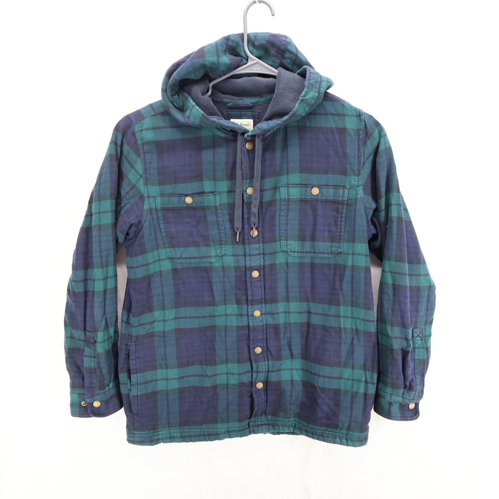 LL Bean Mens Fleece Lined Flannel Hooded Shirt Jacket Blue Green Plaid Medium